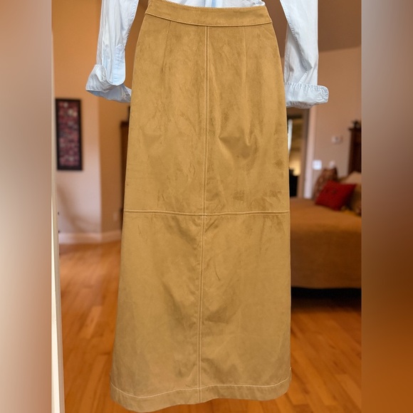 Staud Caramel Tan Poly Suede Retro Midi Maxi Pencil Column Skirt, Size 2 EUC - Picture 6 of 15